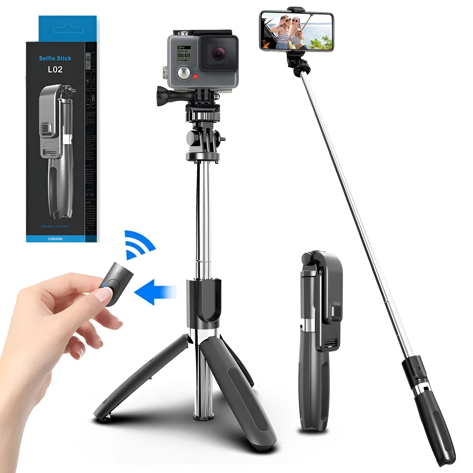 Extended black Bluetooth selfie stick with phone attached, showing remote control and folded tripod legs.