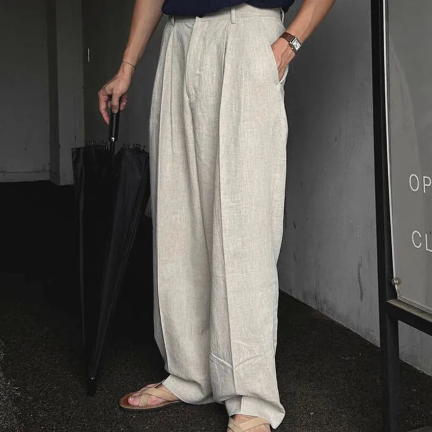 Men's loose fit cotton linen trousers in wide-leg Korean style with zip fly and elastic waist