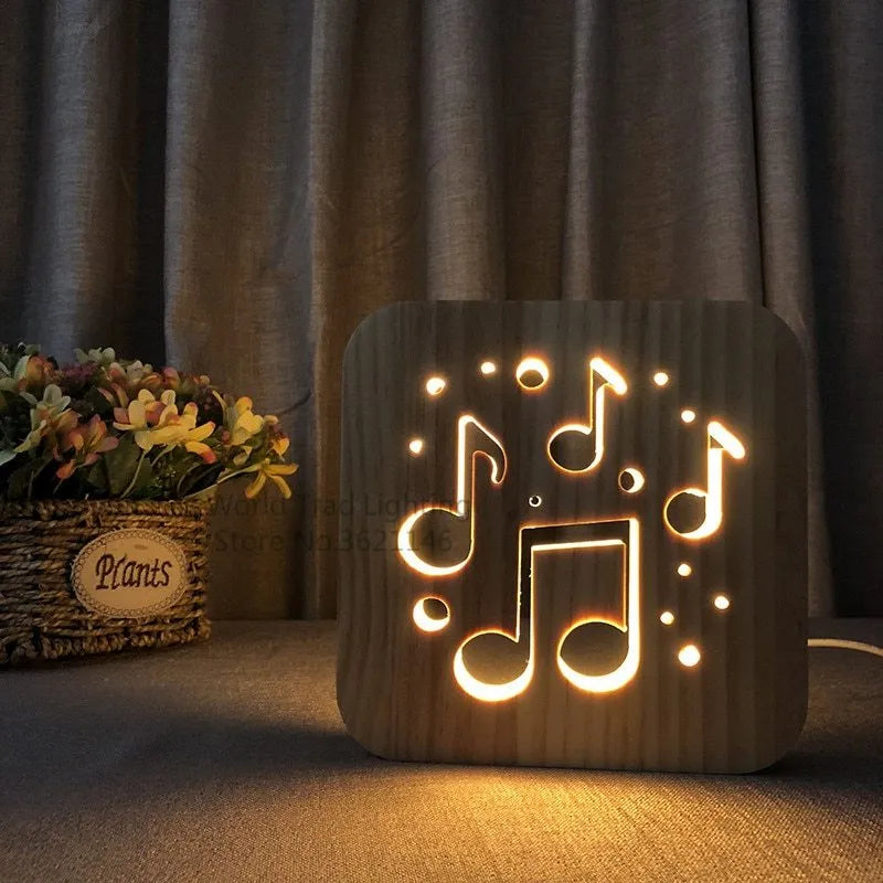 Square pine wood LED atmosphere lamp with warm white 3D illumination showing USB cable connection