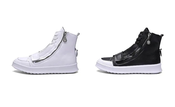 Black and white PU leather men's ankle boots with microfiber upper and high-top sneaker design for winter wear