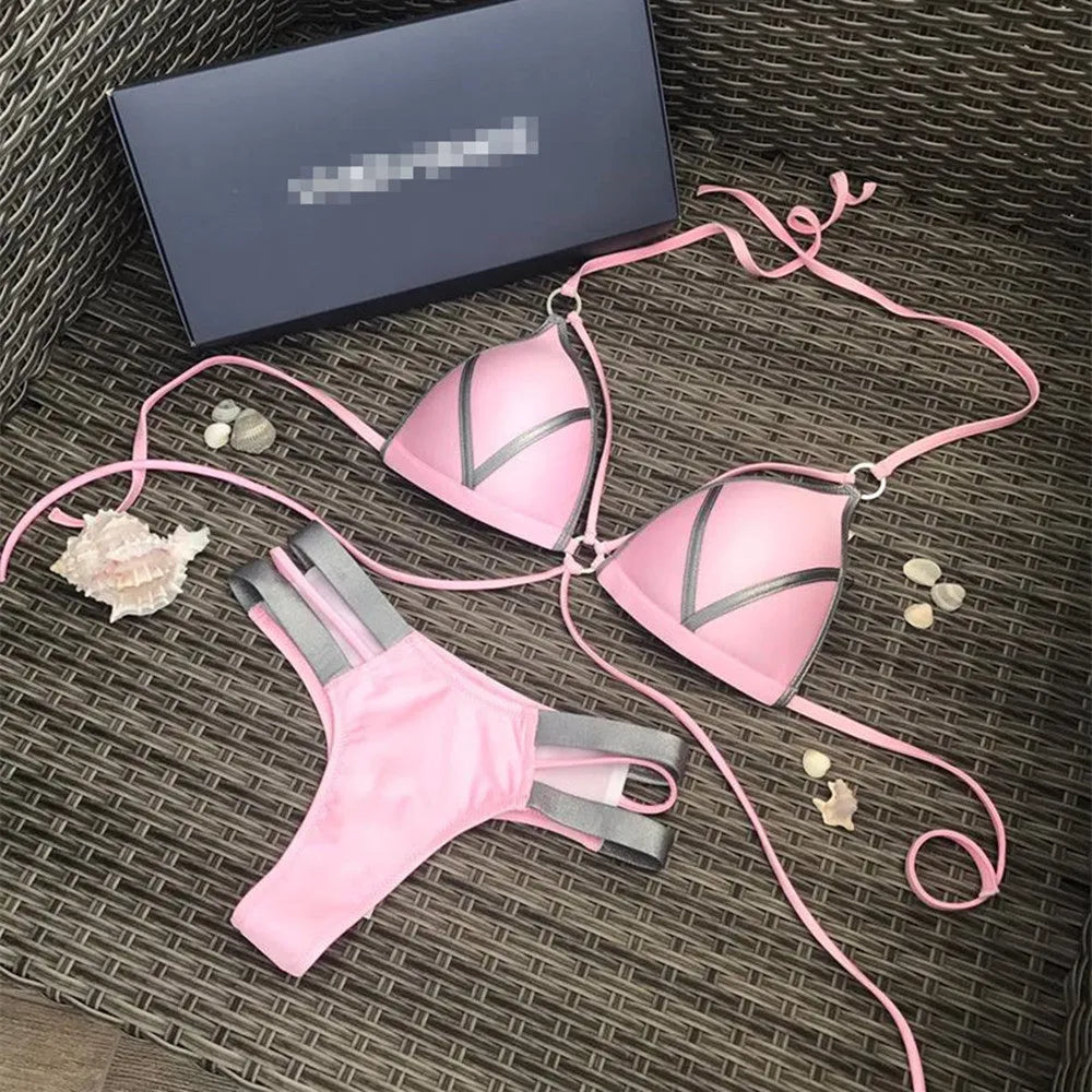 Women's bronzing bikini swimsuit with padded cups and cotton lining in multiple colour and print options.