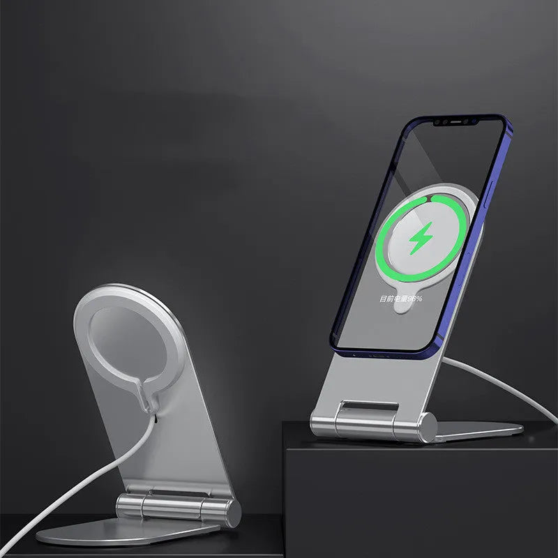 Silver vertical adjustable magnetic bracket for iPhone 12 phones showing compact dimensions