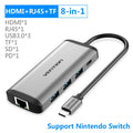 Deep grey USB Type-C to HDMI, USB 3.0, Ethernet, and card reader hub adapter on a desk.