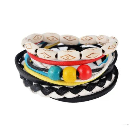 Hand-woven leather bracelet with wooden beads and adjustable closure in punk style
