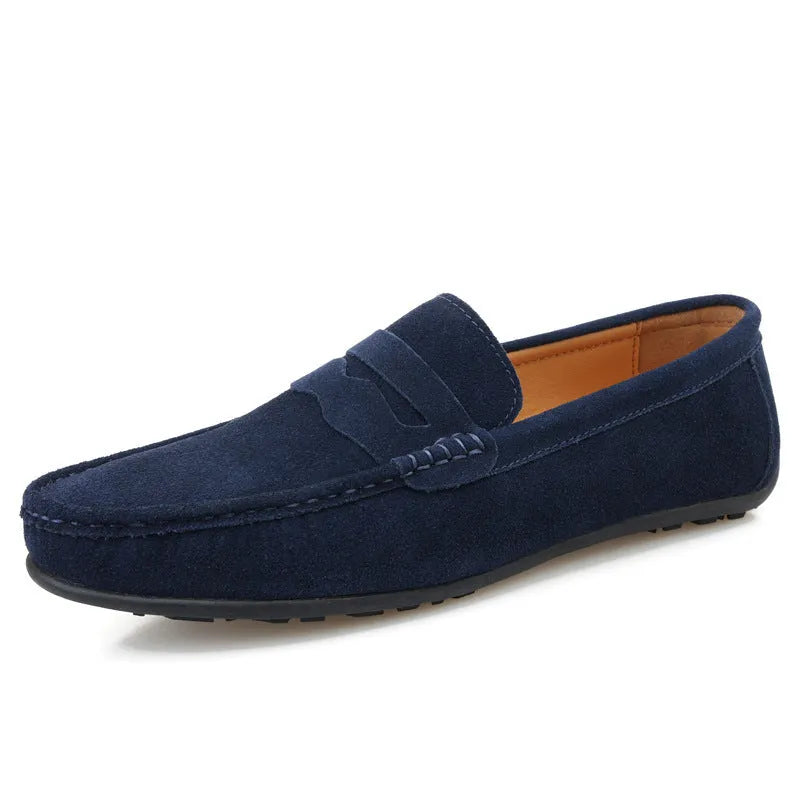 Men's solid colour suede loafers slip-on shoes with round toe and flat rubber sole.