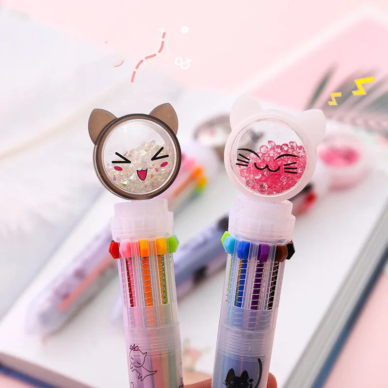 Push-type plastic pen with cute cat design, 15cm long, 0.5mm tip.