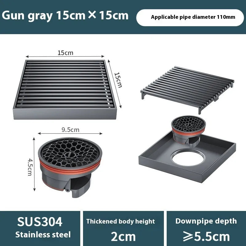 Gun grey 304 stainless steel courtyard floor drain with a 15x15cm grate.