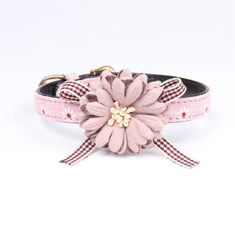 PU pet collar with cute floral pattern in pink, adjustable buckle, size options for small to large dogs and cats