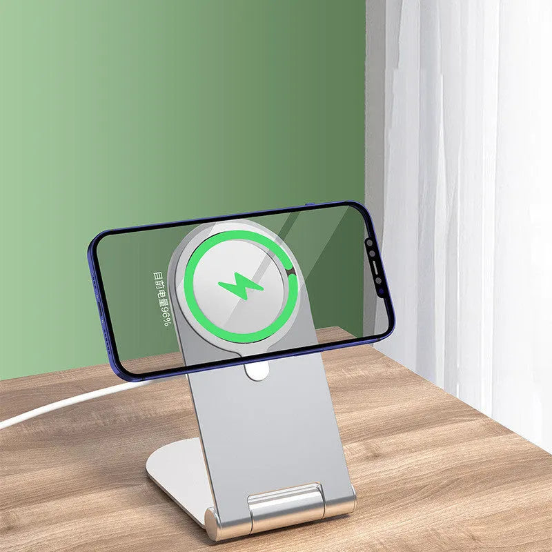 Silver vertical adjustable magnetic bracket for iPhone 12 phones showing compact dimensions