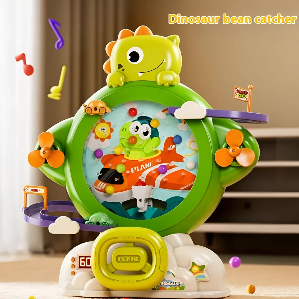 Children's dinosaur bean machine toy with 15 beads and 2 cars in green plastic for indoor play