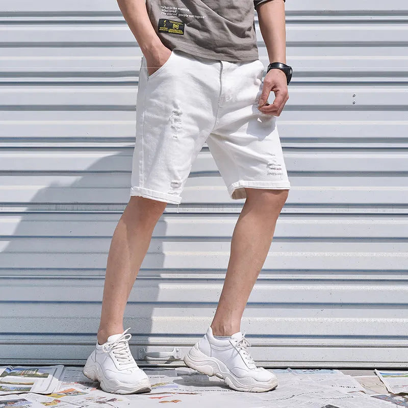 Men's Korean-style straight loose fit cotton denim shorts in black, five-point length, mid-waist, washed finish