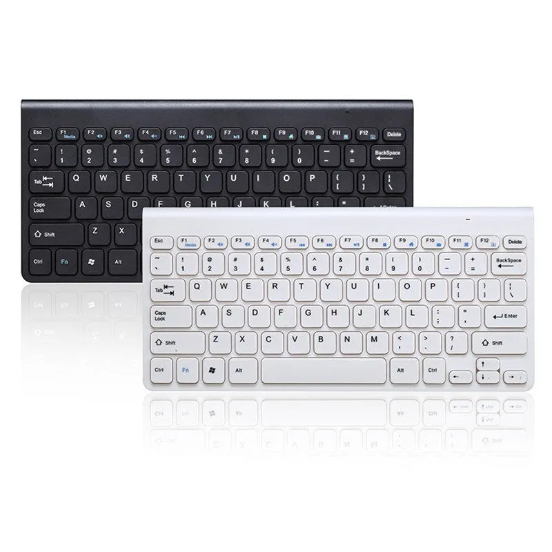 Black and white wireless keyboard and mouse set on wooden desk with 2.4GHz USB receiver