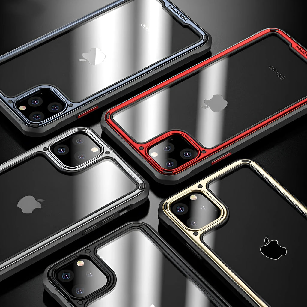Transparent silicone mobile phone case for iPhone 11 on a table.