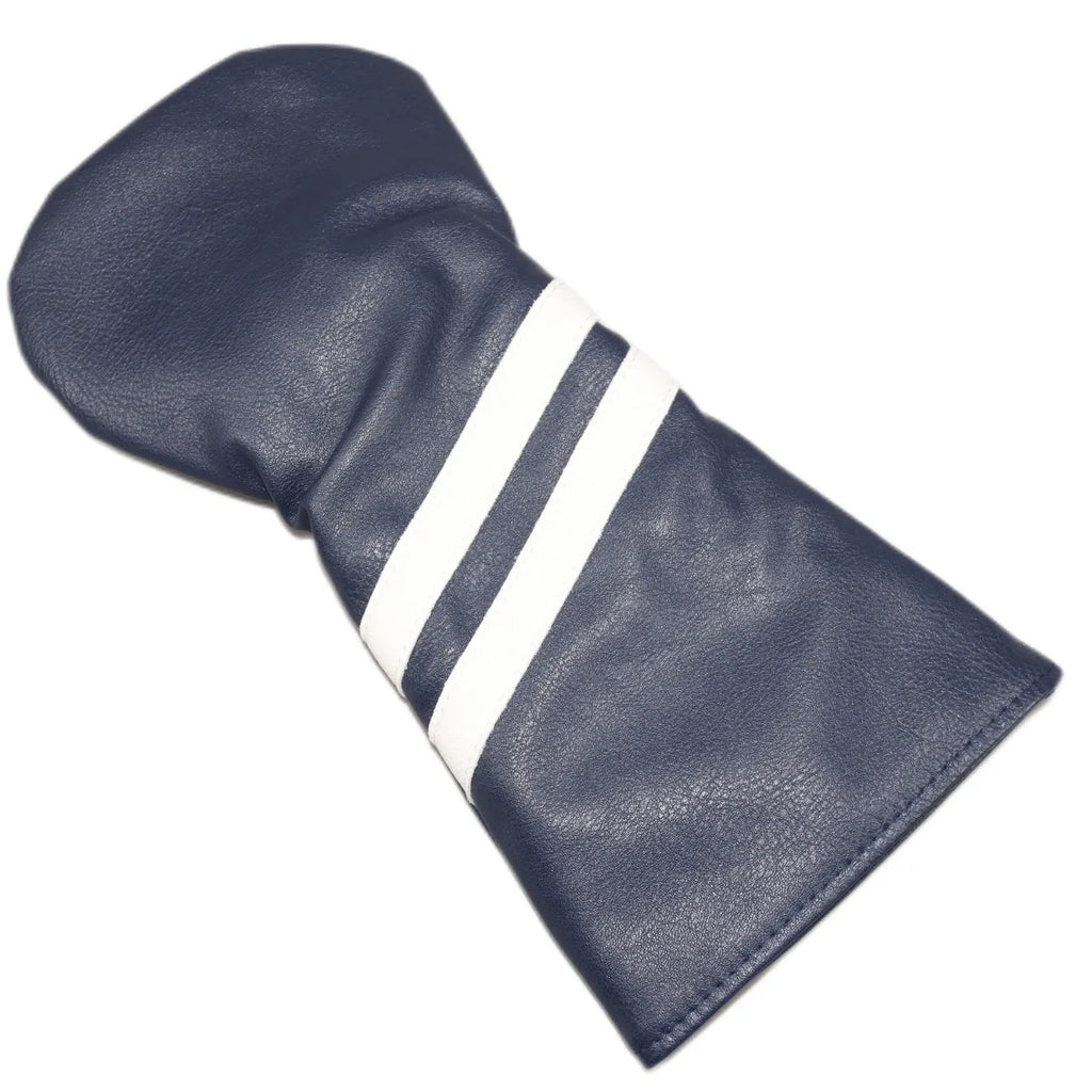 A striped PU leather golf club head cover for wood clubs, shown in blue, with size and colour options.