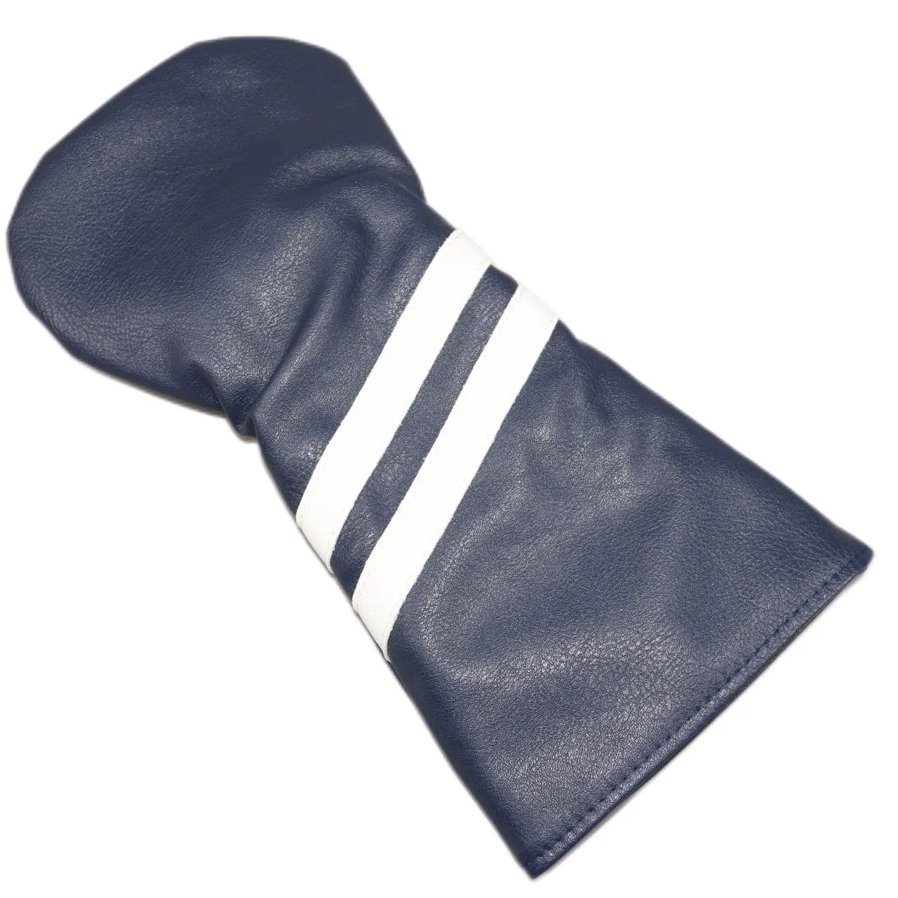 A striped PU leather golf club head cover for wood clubs, shown in blue, with size and colour options.