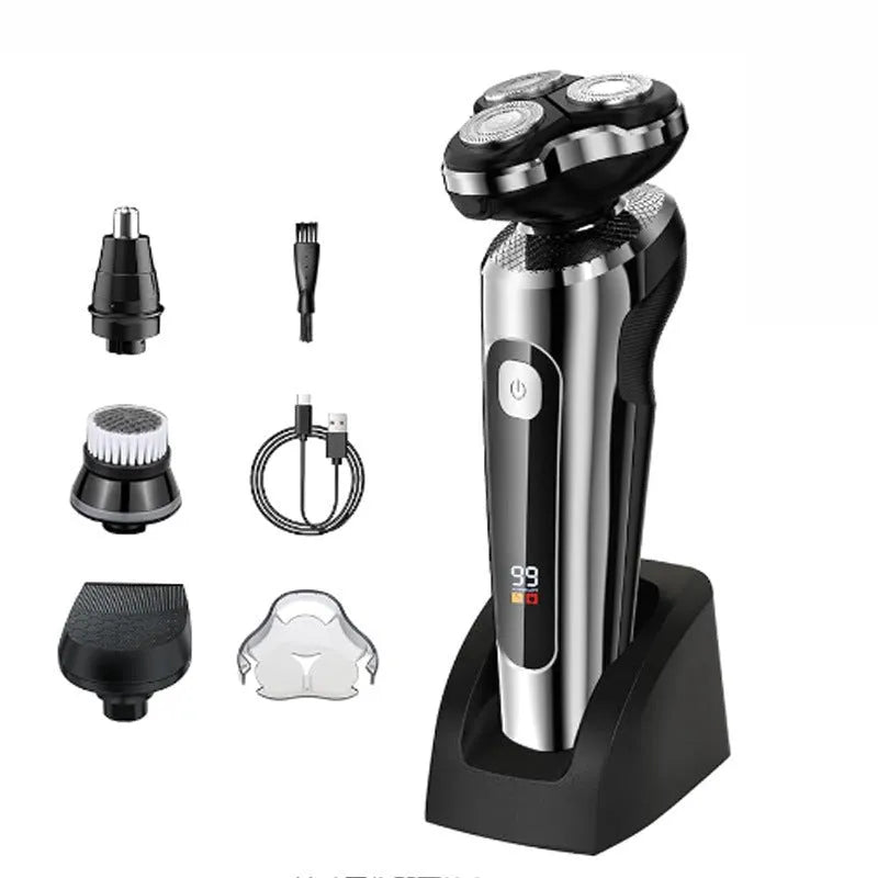 USB rechargeable beard trimmer with digital display and floating cutter head.