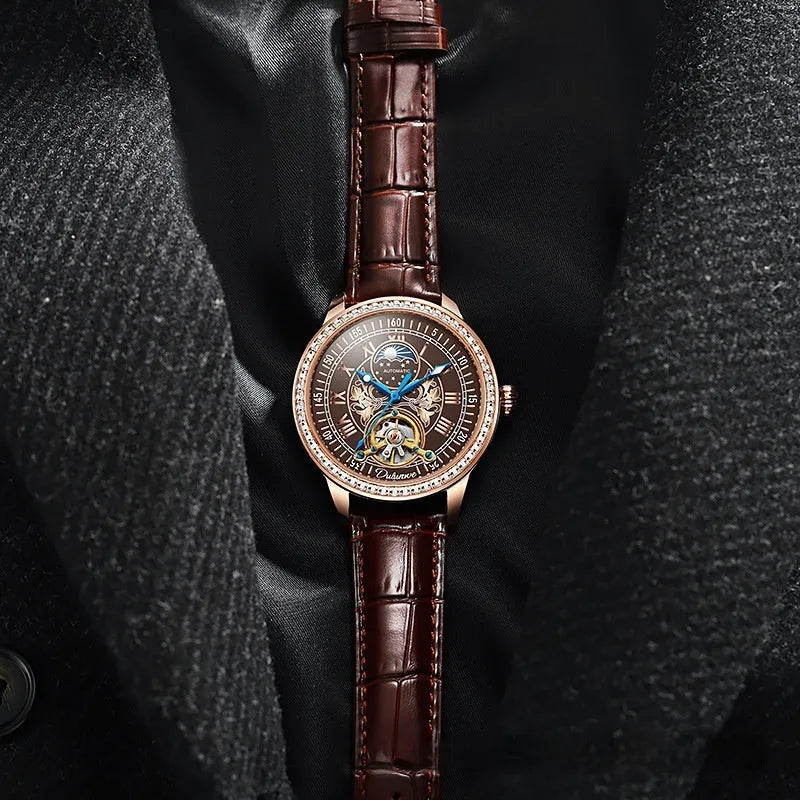 Men's stainless steel waterproof mechanical watch with a round dial and transparent case back.