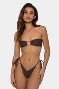 Brown women's push-up tube top bikini swimsuit with split design and ring tether detailing
