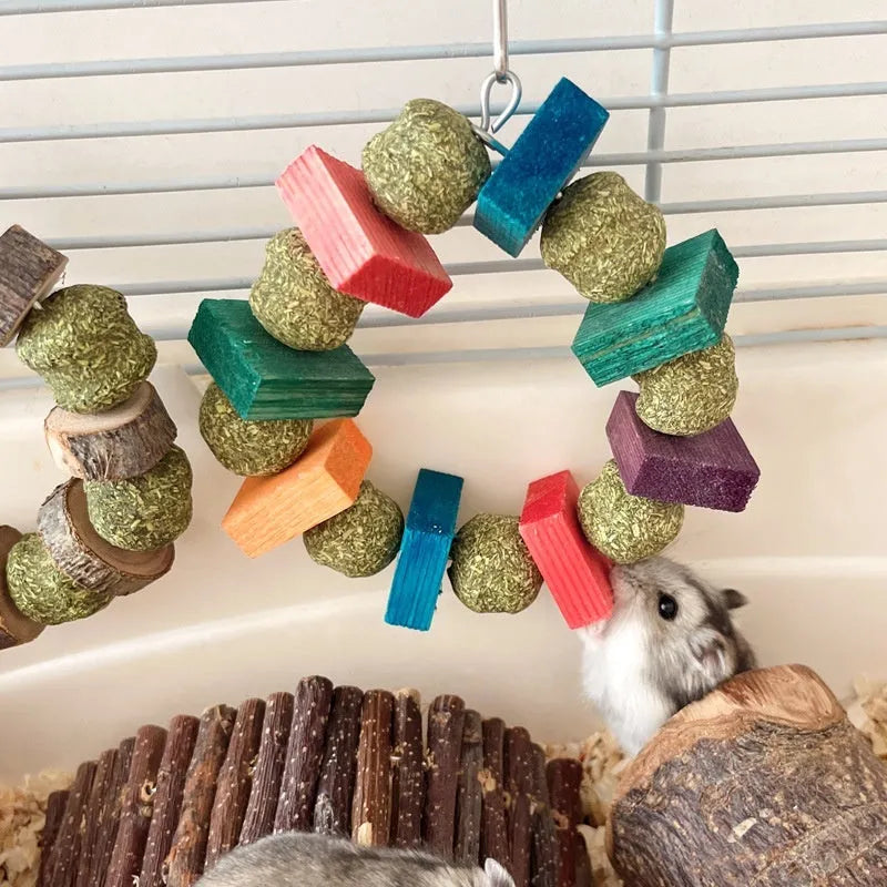 Hamster chew toy with straw ball and applewood ring components for small pets
