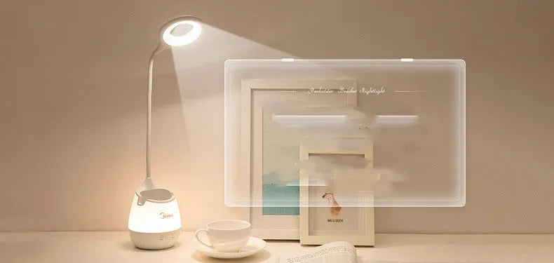 Green, pink and white USB rechargeable touch control table lamps on a wooden surface