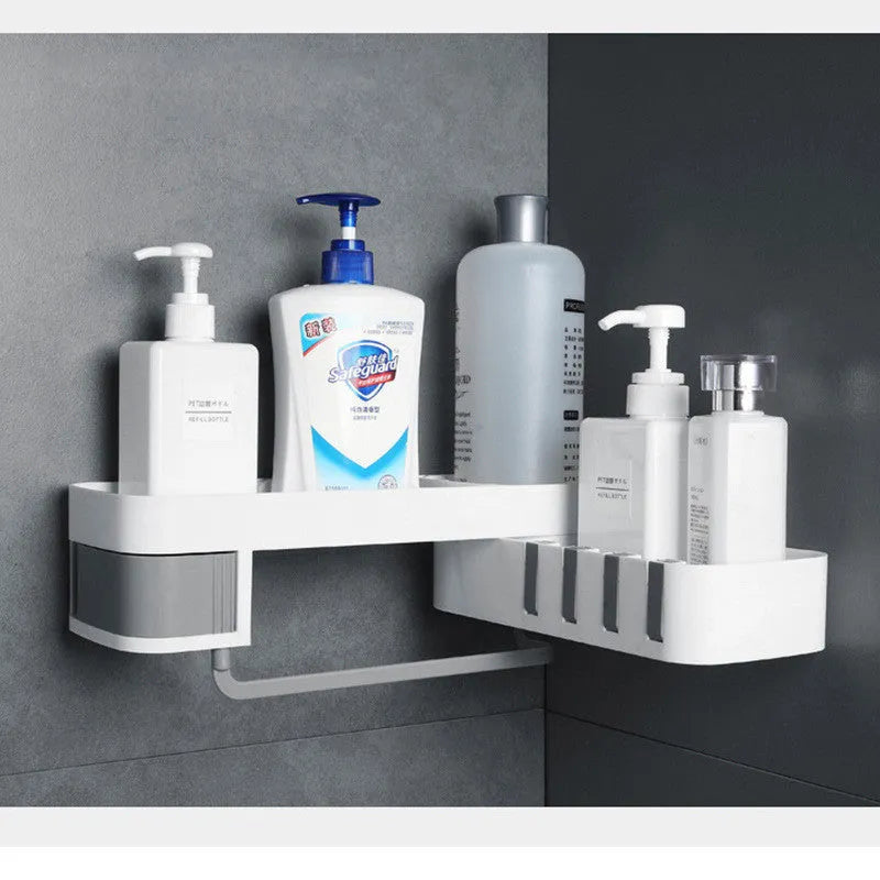 Plastic bathroom corner shelf wall-mounted in black and white colour for shower storage