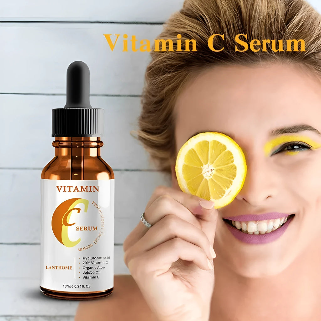 10ml bottle of Vitamin C and hyaluronic acid facial serum for skin brightening and anti-aging.
