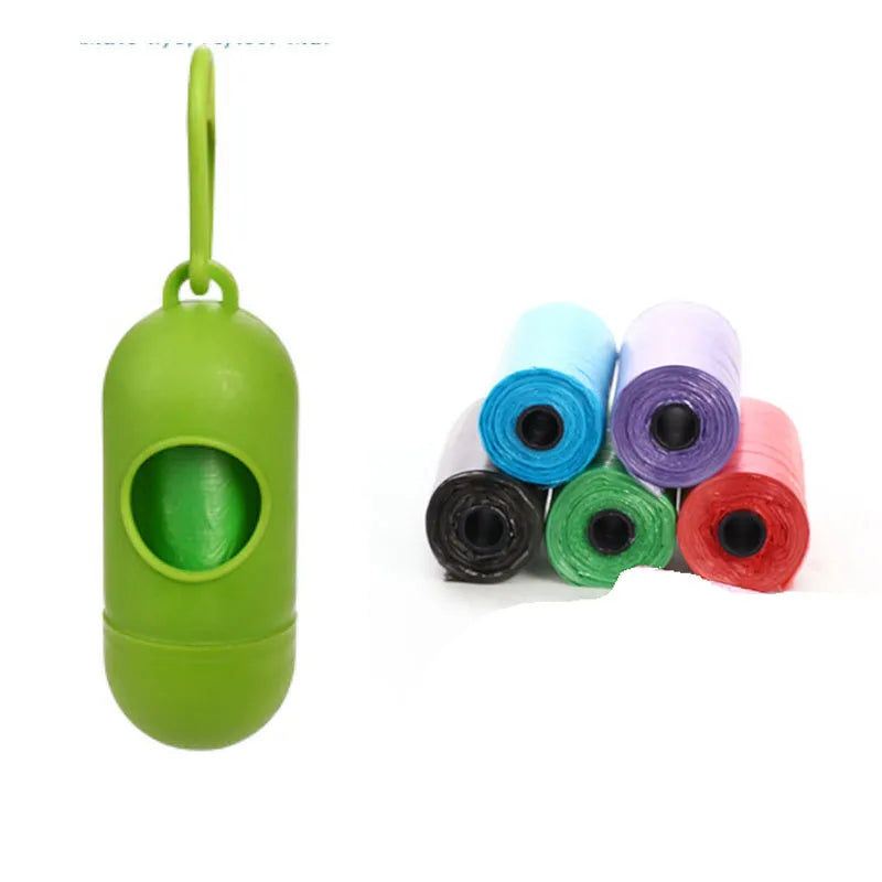 Roll of multi-coloured dog waste bags showing black, blue, green, and pink examples