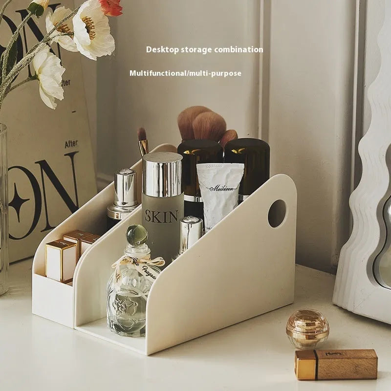 Two-tier white plastic desktop storage box with grid shelves for organising stationery and documents.