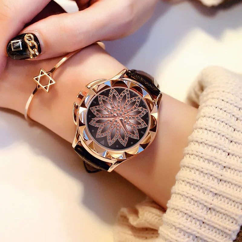 Ladies quartz watch with rotating dial, 40mm alloy case, PU leather strap, and pin buckle closure