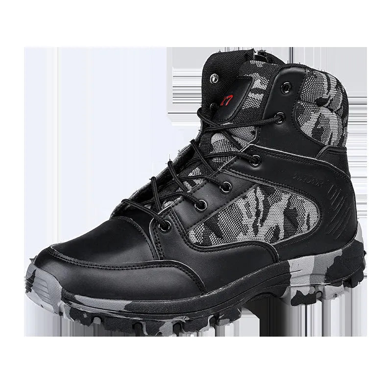 Men's black high-top hiking shoes with metal details and artificial PU upper, side view.