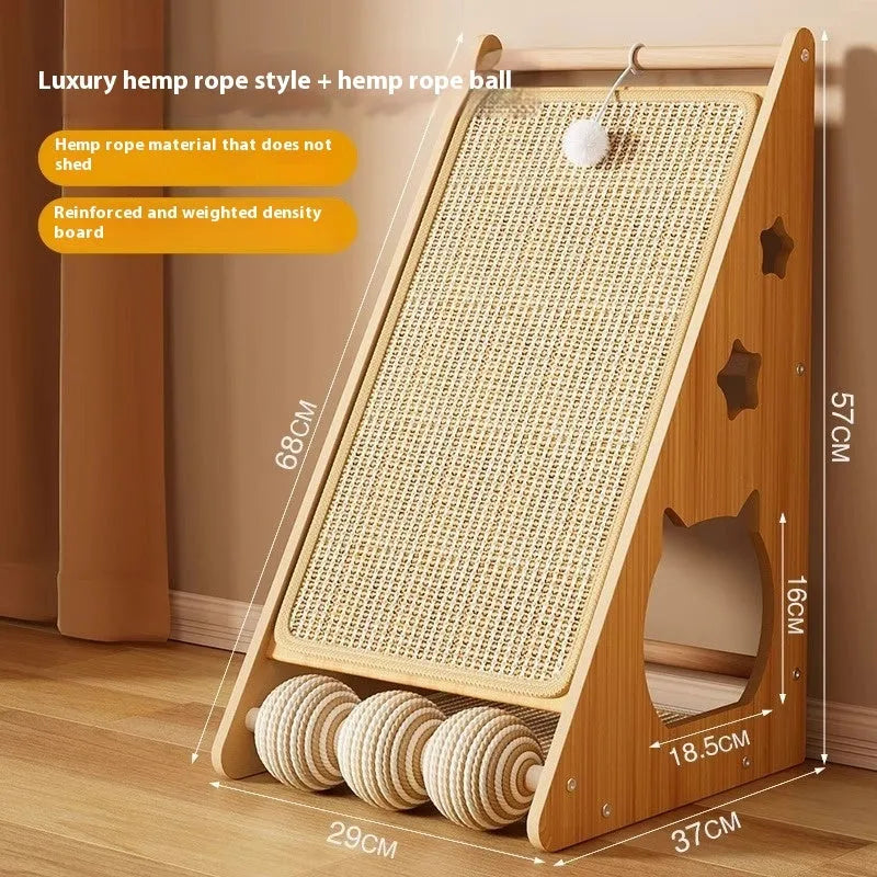 Vertical wall-mounted cat scratching board with sisal surface and a built-in teasing ball.