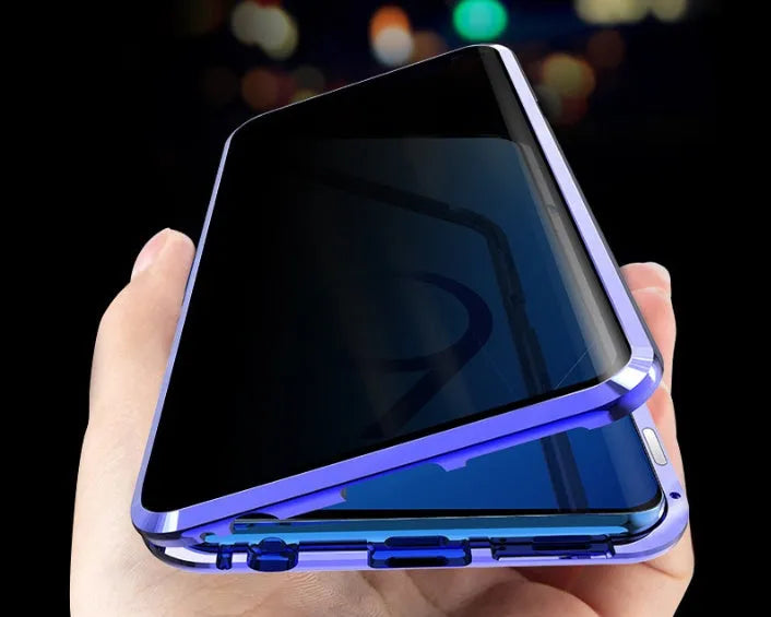 Samsung anti-peeping magnetic phone case in clamshell design with privacy screen and double-sided glass protection
