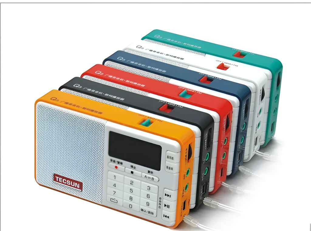 Tecsun Q3 portable digital audio player and radio in multiple colour options.