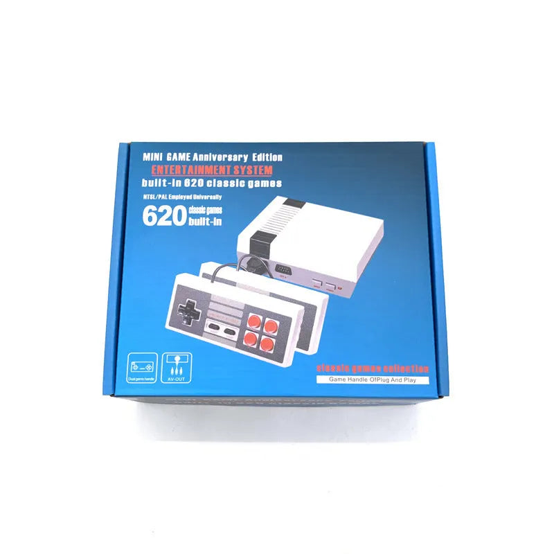 Retro NES game console with two controllers showing compact design and AV connectivity ports