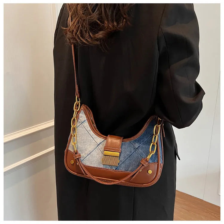 Brown denim women's shoulder bag with diamond mesh panels and chain straps