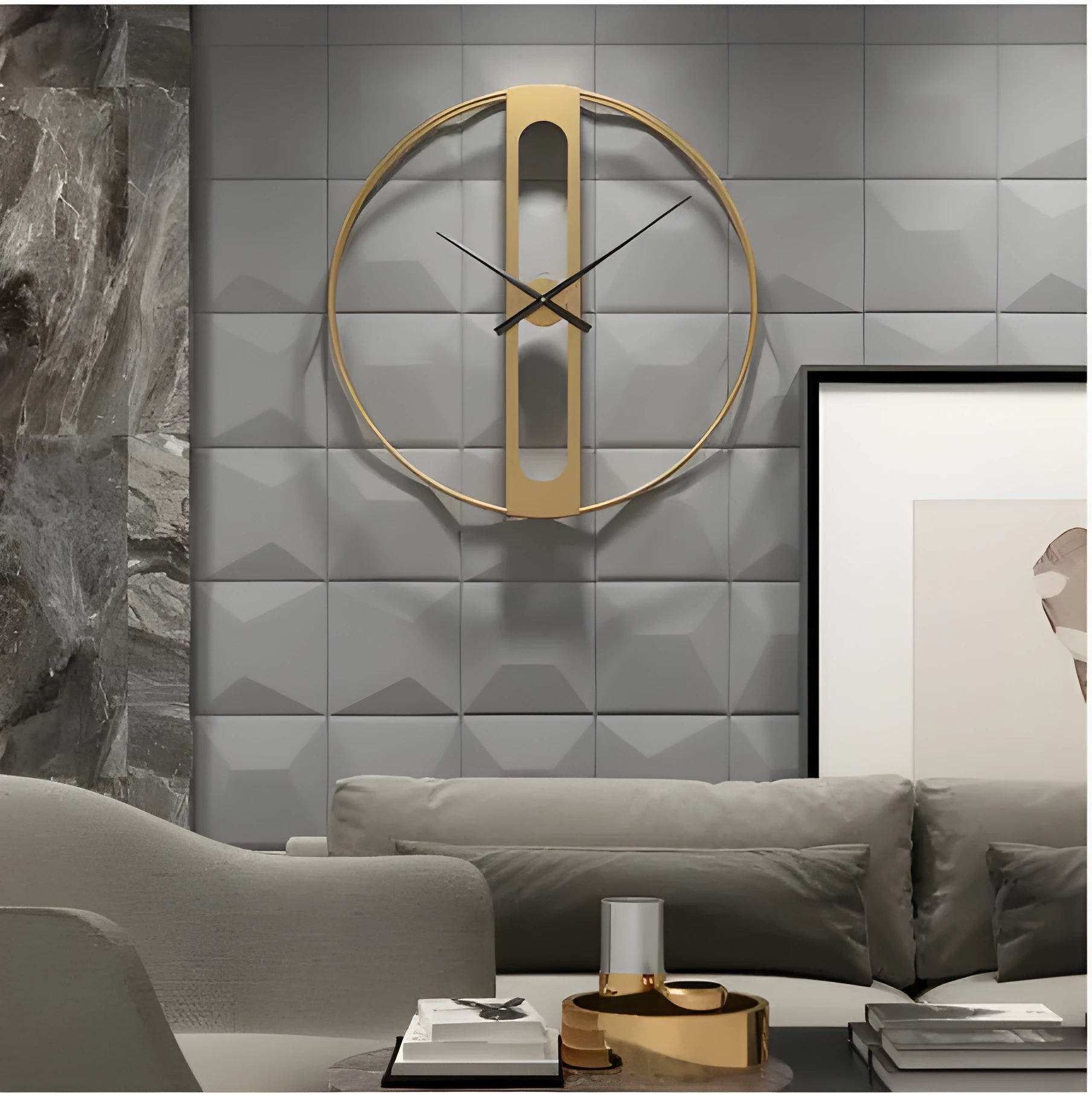 Round metal wall clock with 50cm diameter in black or gold finish on a wall
