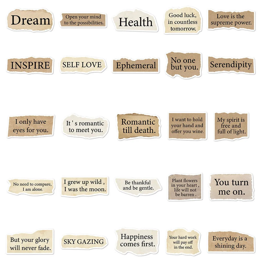 Pack of 25 tear English text design PVC stickers for laptops, sizes 4 to 7 cm