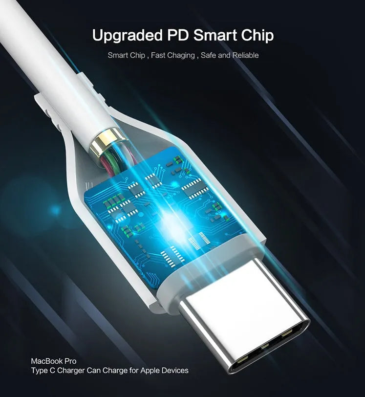 White braided USB-C to Lightning cable with reinforced connectors measuring 1 metre