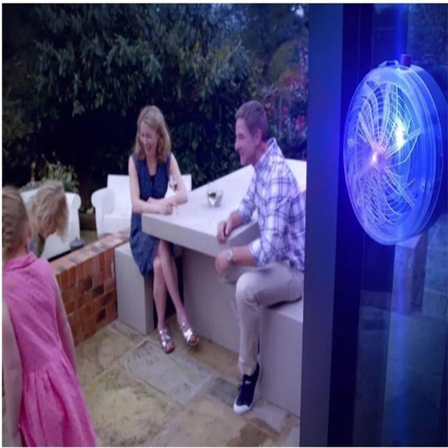 Solar powered bug zapper with blue UV light and twist on/off design for indoor and outdoor pest control