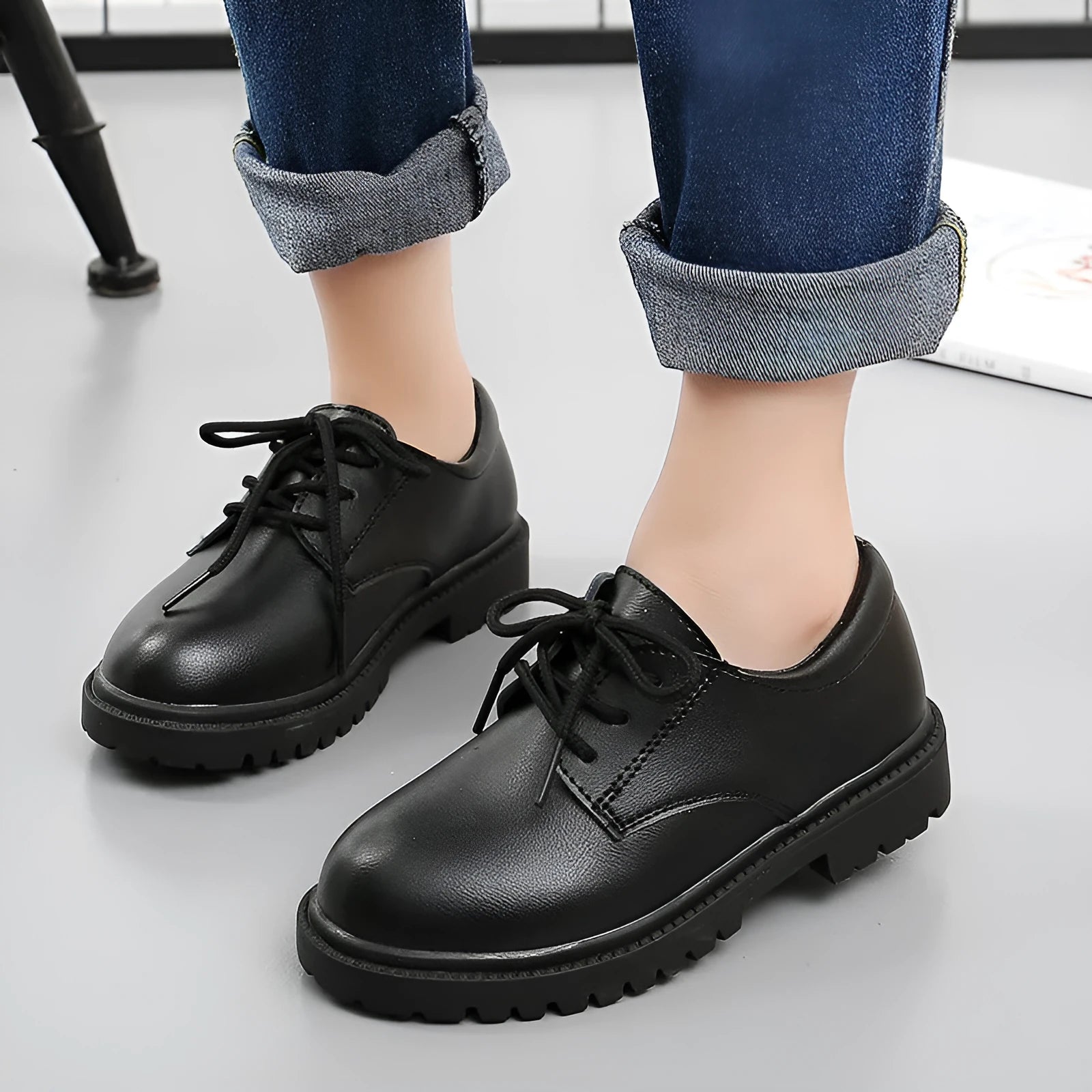 School designated black dance shoes with rubber sole and low top design for children
