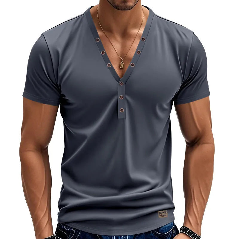 Men's loose V-neck pullover top with button details in light blue colour