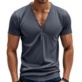 Men's loose V-neck pullover top with button details in light blue colour