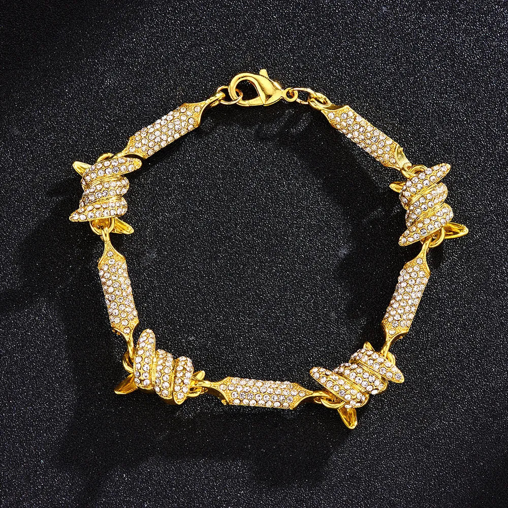 Irregular 3D solid alloy Cuban chain bracelet and necklace in silver and gold, unisex hip hop style, on dark background