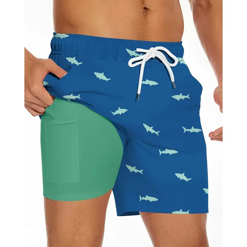 Man wearing loose light blue polyester beach pants with elastic waistband on a summer day.