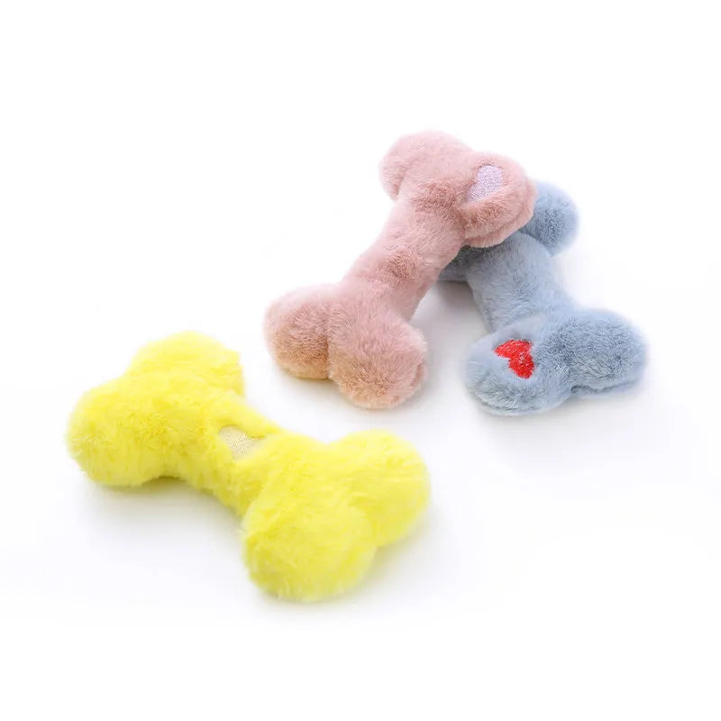 Blue Love Bone plush dog toy with squeaker for interactive chewing play