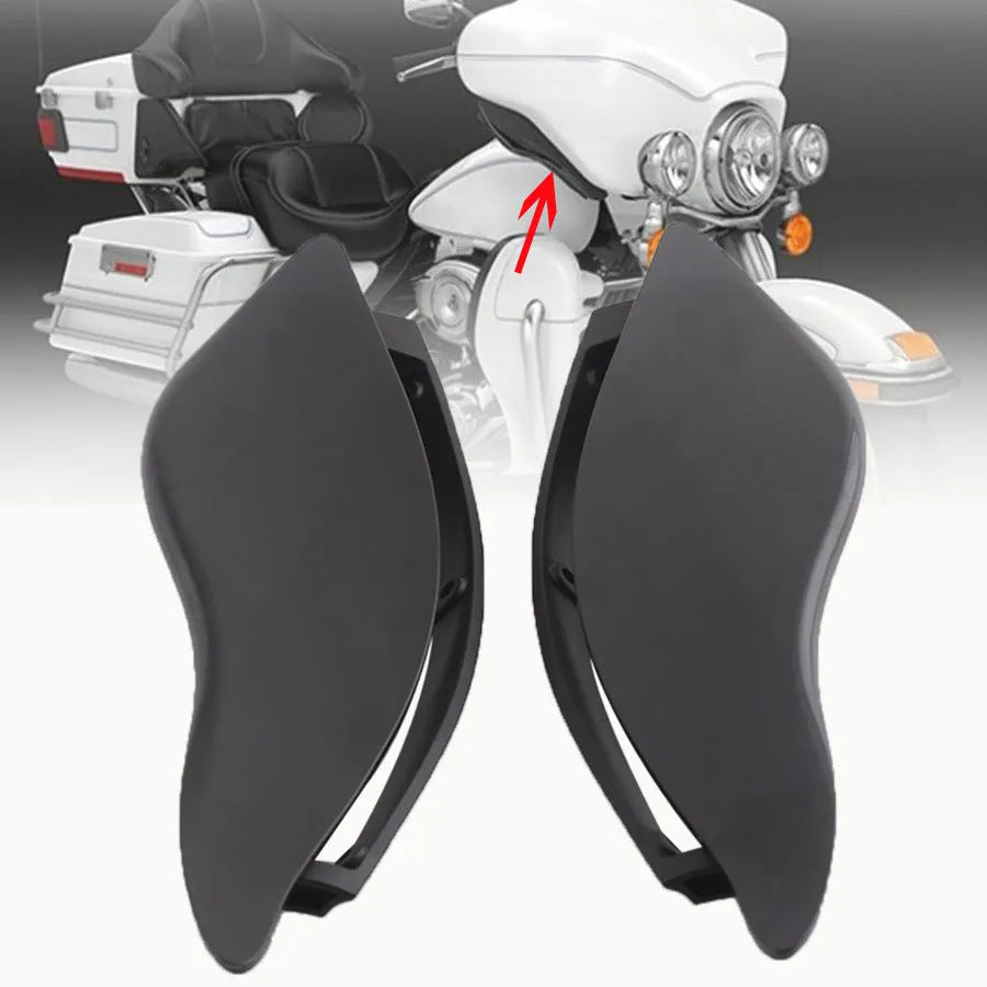Black smoked ABS windshield side wing for a Harley Davidson three-wheel Glide motorcycle.