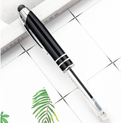 Metal multifunctional stylus pen with capacitive tip, ballpoint pen, and LED light in multiple colour options
