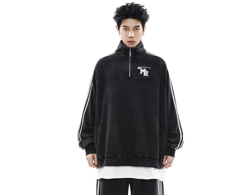Hong Kong style retro hoodie with stand collar in black top colour showing long sleeve sports jacket design