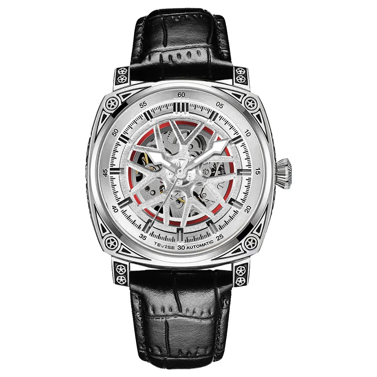 Automatic mechanical men's watch with stainless steel case and leather strap in multiple colour options