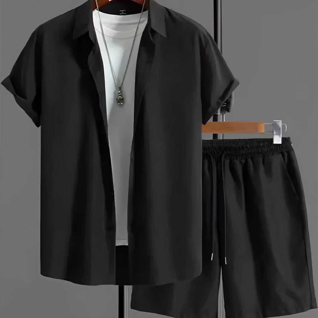 Jacquard fabric short-sleeve suit set with matching trousers in black, white, grey or beige